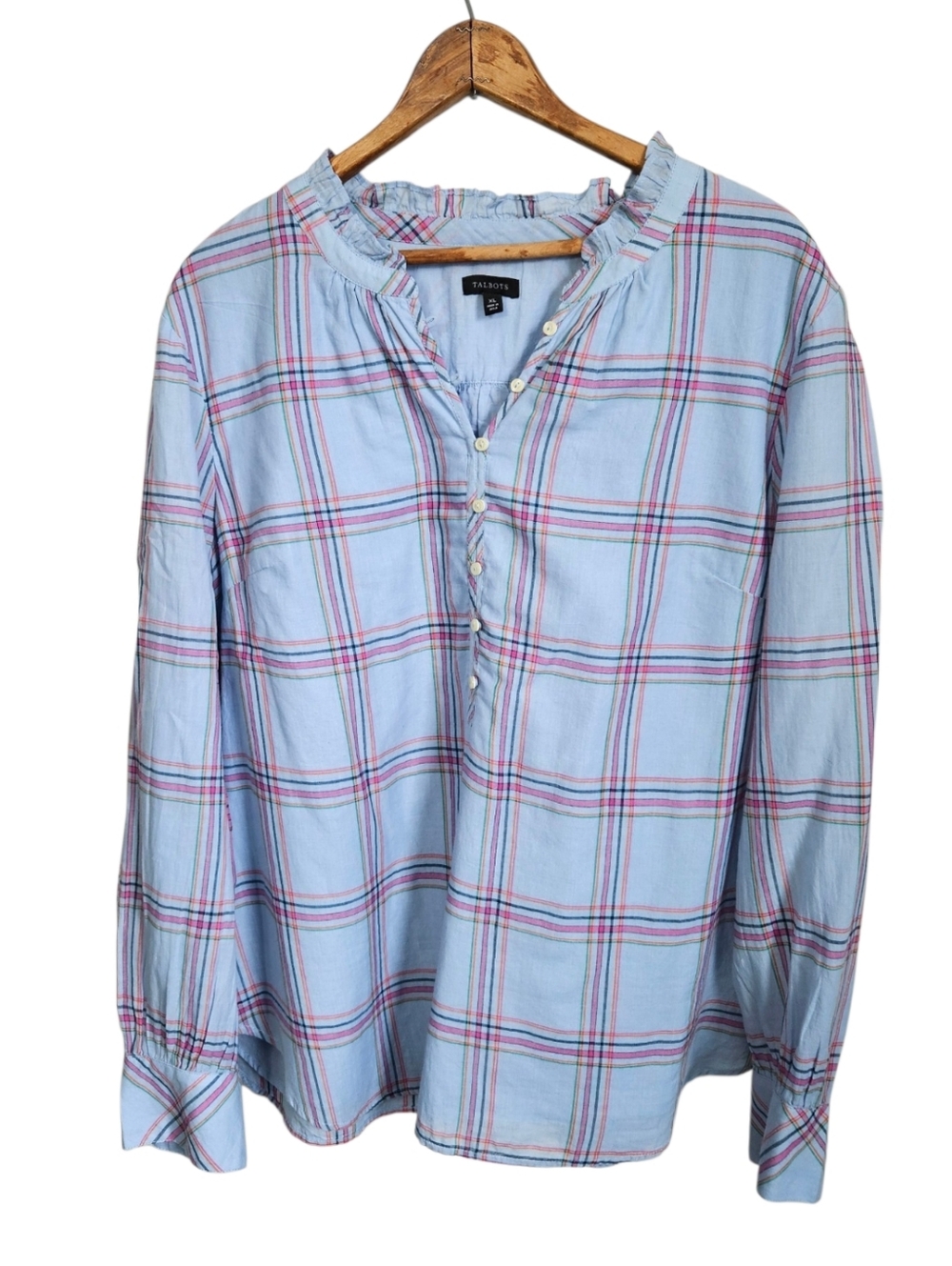 Talbots Light Blue Plaid Cotton Blouse, Size XL
